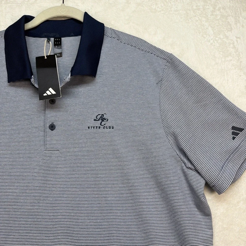 Adidas Golf Polo Shirt Mens XL Blue Striped Performance River Club Logo‎
